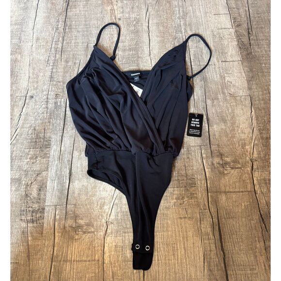 Express Black Wrap Front Bodysuit Small NWT Women’s Sleeveless Snap Bottom - Picture 1 of 3
